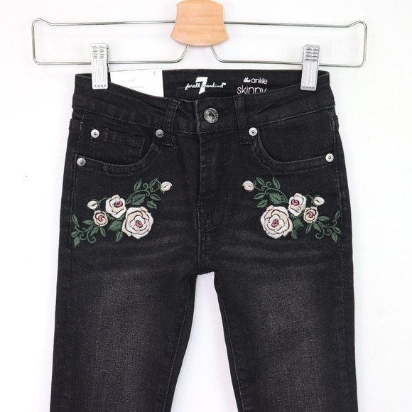 NWT 7 For All Mankind The Ankle Skinny Jeans Embroidered Chewed Hem Vintage Noir - Picture 5 of 7